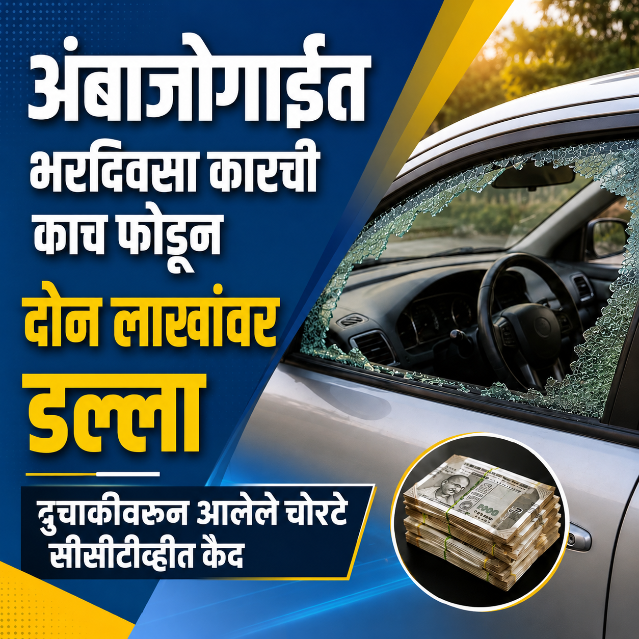 भरदिवसा कारची काच फोडून दोन लाखांवर डल्ला; दुचाकीवरून आलेले चोरटे सीसीटीव्हीत कैद